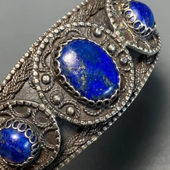 Old Etruscan Style 800 silver Lapis Bangle . Middle eastern Silver Bracelet . S